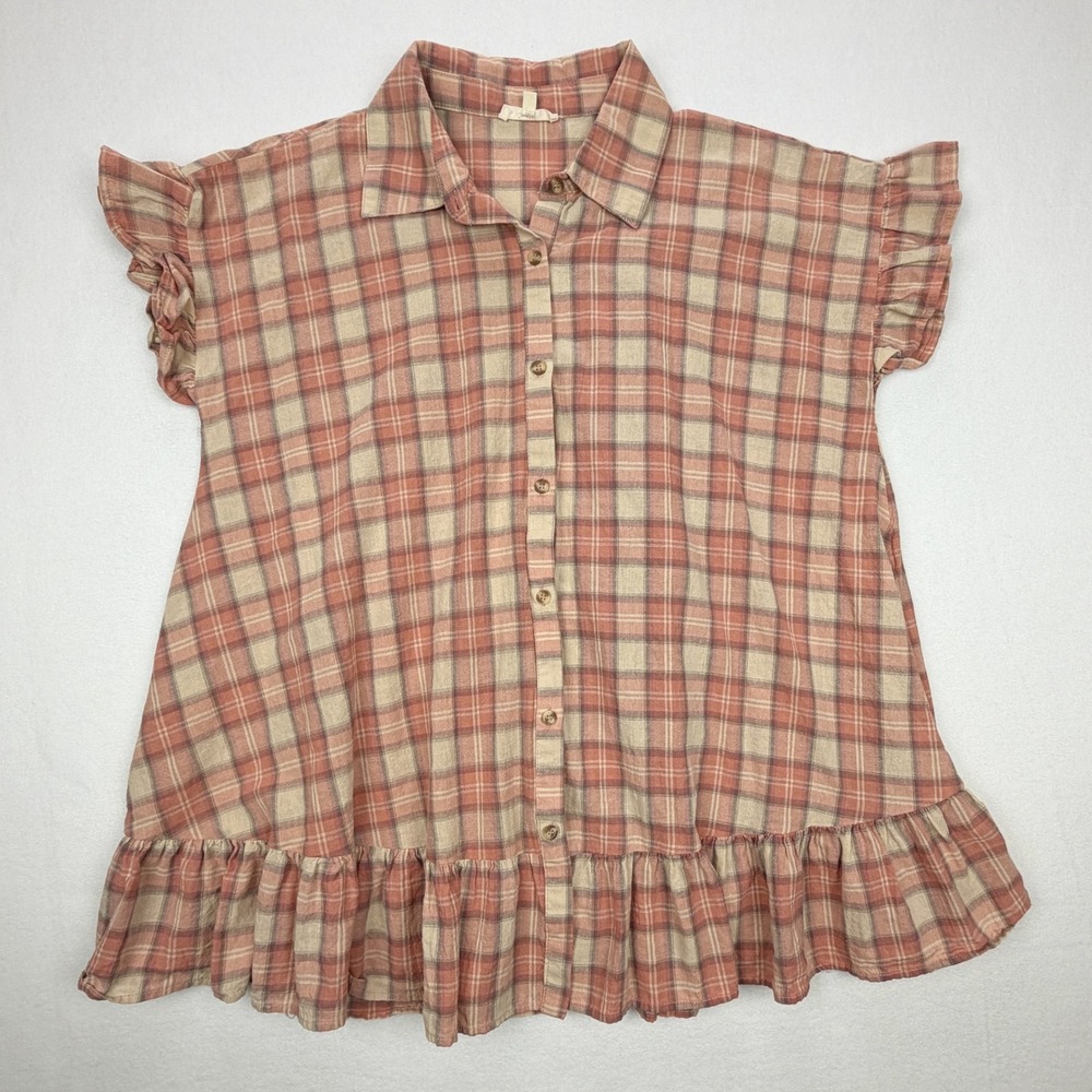 Easel Los Angeles Plaid Ruffle Cotton Babydoll Button Up Mini Dress Terracotta S - Picture 1 of 6